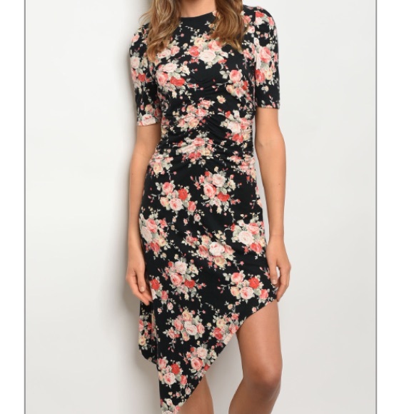 Floral print asymmetric bodycon dress - Picture 2 of 3